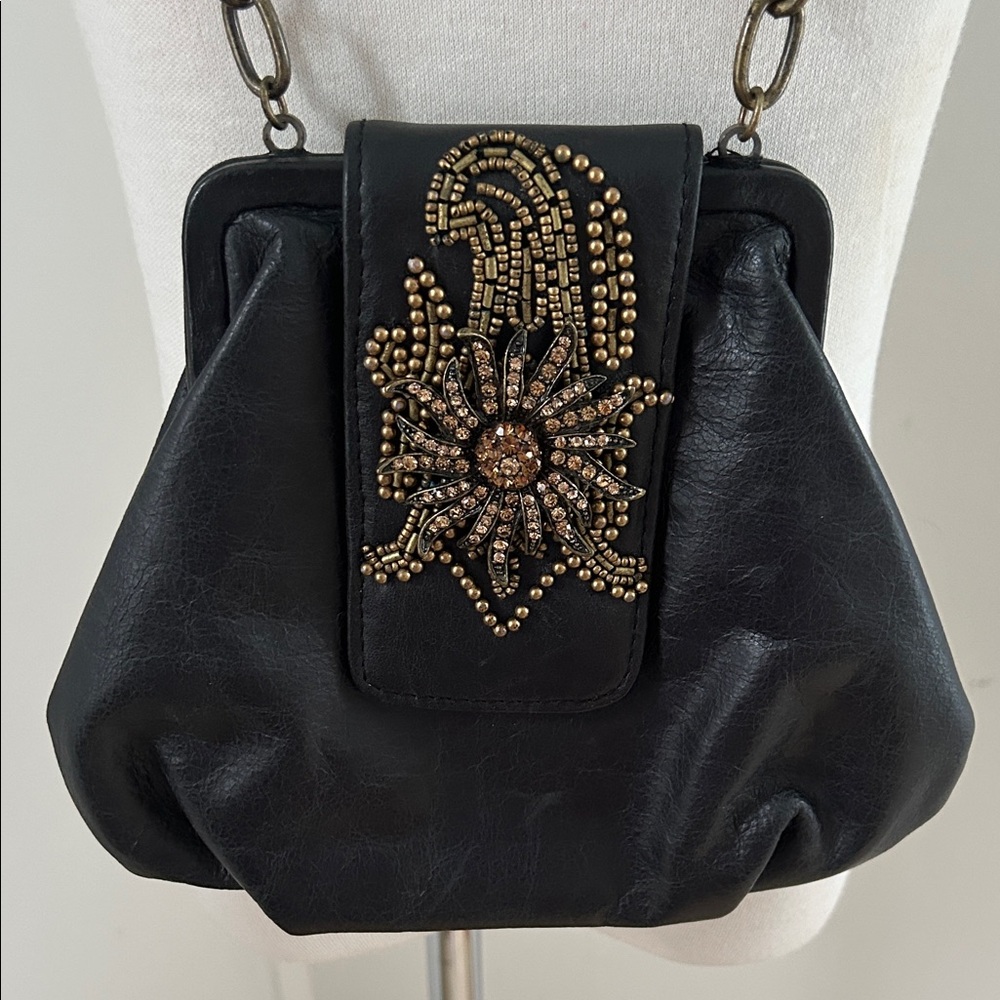 Liz Soto Vintage Black Leather Small Handbag With Rhinestone Sunflower